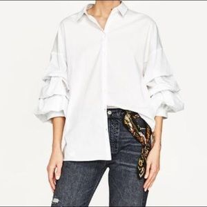 White Zara Puff Sleeve Button Up Top